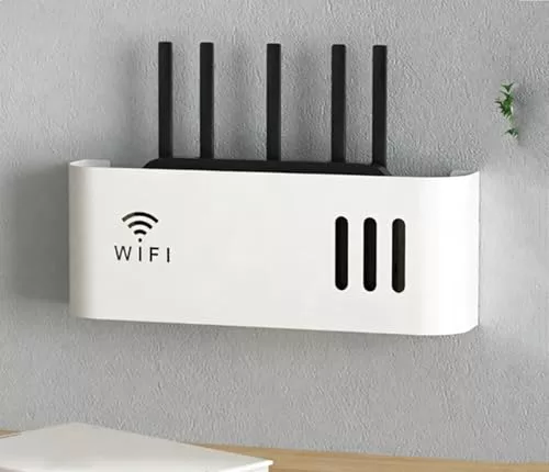 Pared Wi-Fi Router Caja de Almacenamiento Estante Flotante estante de almacenamiento de pared para sala de estar TV Set-Top Rack Caja de Cables Decorativa (Color:White)