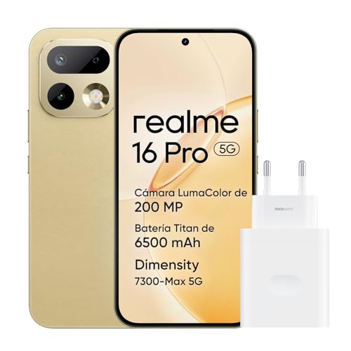 realme 16 Pro 5G Smartphone, 8GB+256GB, Pantalla AMOLED 144Hz 6,78", Batería 6500mAh, Cámara 200MP OIS, IP69K, Carga Rápida 45W, Dual SIM, Next AI, Oro