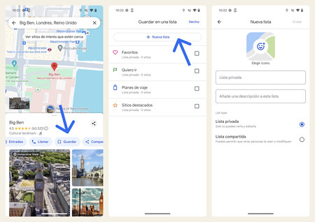 Capturas de pantalla mostrando los pasos a seguir para añadir un lugar a una lista en Google Maps