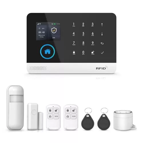 Sistema de alarma inalámbrico, WiFi 4G Tuya Smart Living App Push con sensor de puerta y ventana, sensor de movimiento PIR, control remoto, compatible con Alexa y Google