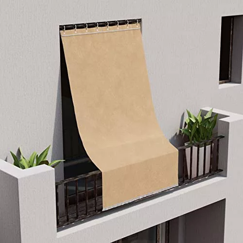 Toldo para balcón, kit con ganchos y anillas, para ventana, cortina en cascada, de tela resistente, para exterior/camping (145 x 290 cm, beis)