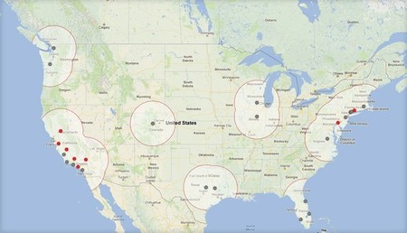 Mapa de la Red de Supercargadores de Tesla (Verano 2013)