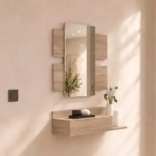 DORMIDAN- Recibidor con Espejo MOD2, Mueble de Entrada, cajón y balda en Dos Alturas (Roble)
