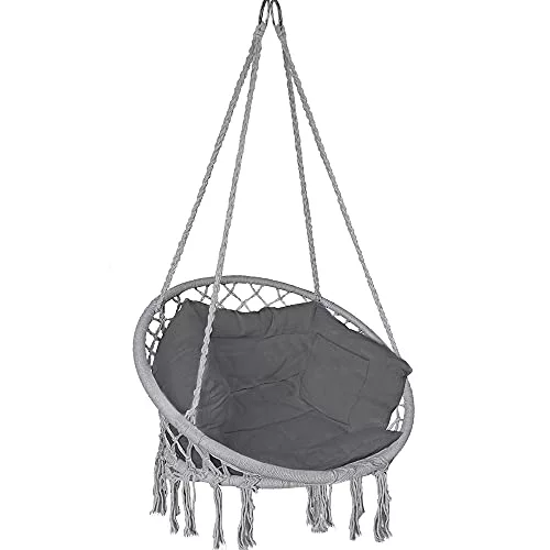 VOUNOT Silla Colgante Exterior con Flecos, Hamaca con Conjines y Kit de Suspensión, Ø80cm Silla Columpio para Interior y Exterior, Gris