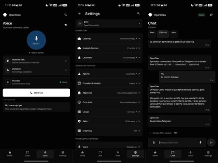´Configuración del modo live, ajustes y chat con acceso al resto de canales de comunicación