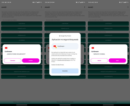 Instalación de CarStream en Android Auto. Pese a la limitación de una app, AAAD nos dejó instalar varias