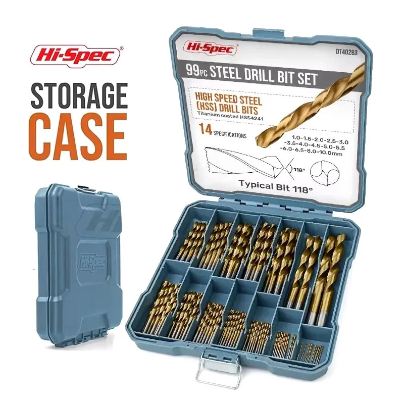 Juego de brocas recubiertas de titanio Hi-Spec, 99/130 Uds., Mini Extractor HSS, Kit combinado, cortador de taladro, Kit de perforación para herramientas de perforación de Metal
