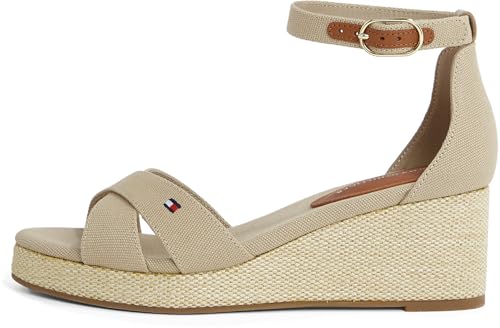 Tommy Hilfiger Alpargatas de cuña Mujer Flag Criss-Cros Mid con correa de tobillo, Beige (Horseradish), 40