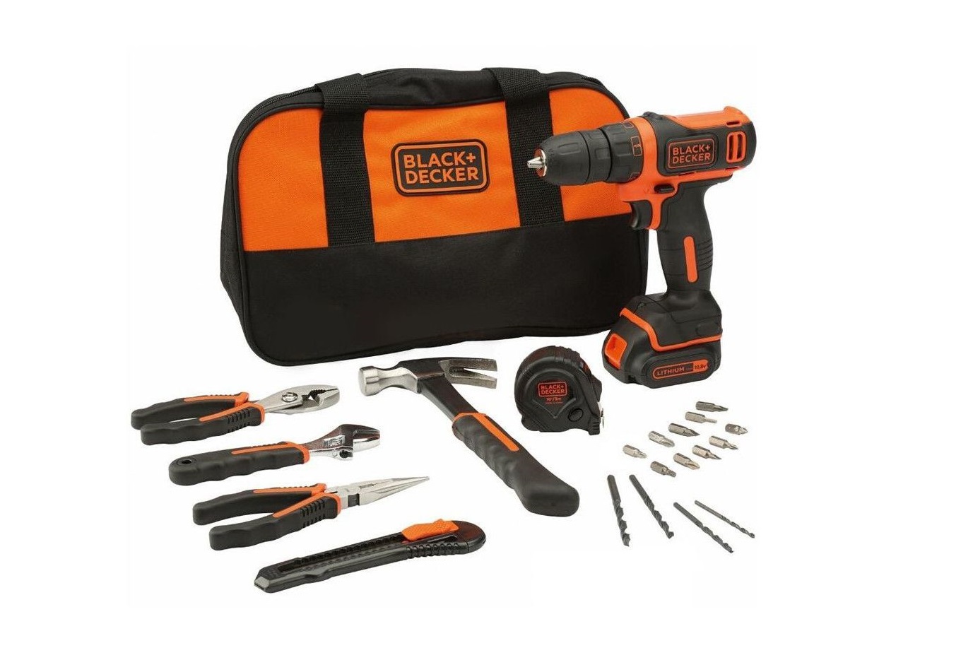 Black+Decker BDCDD12HTSA - Taladro Atornillador Compacto 10,8V 1,5Ah con 6 herramientas y 14 accesorios y bolsa de transporte