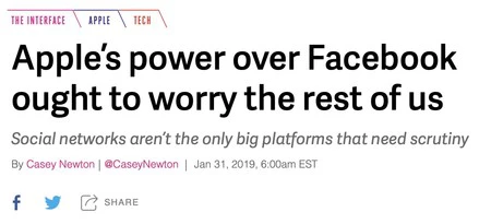 The Vergeの見出しは「Facebookに対するAppleの力は我々全員を心配すべきだ」としている。