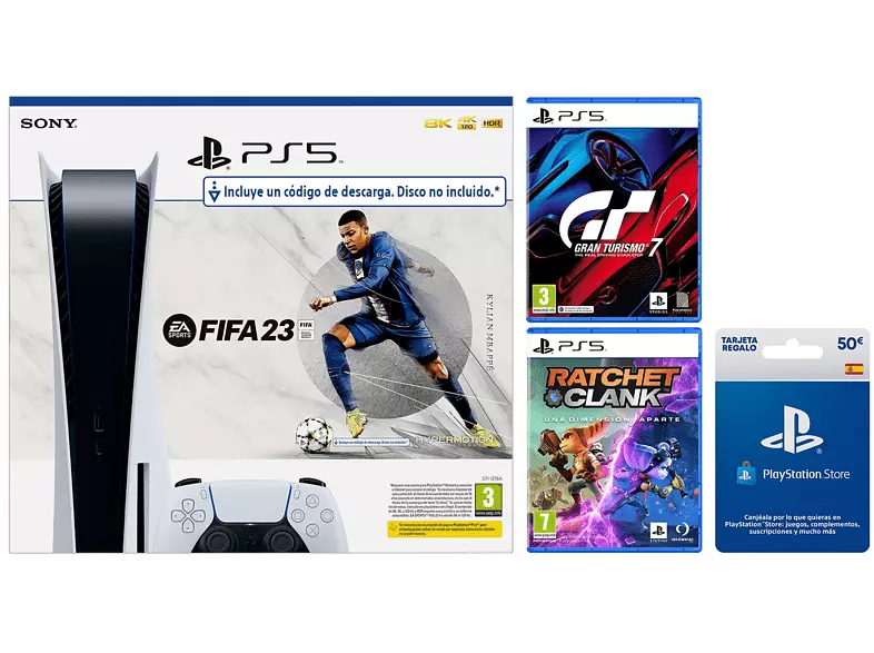 Consola - Sony PS5, 825GB, 4K HDR, Blanco +1 DualSense™ Wireless Controller + Juegos FIFA 23, Gran Turismo 7 y Ratchet & Clank + Tarjeta 50€ PS Store
