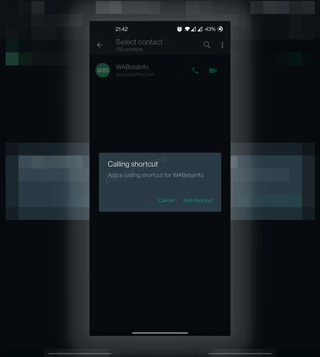 WhatsApp で通話へのショートカットを作成するオプションは次のようになります (画像: WABetaInfo)