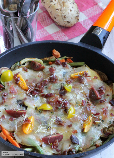Verduras y hortalizas salteadas con velo ibérico. Receta