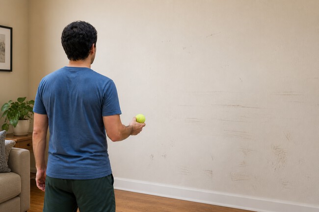 Persona con pelota de tenis para limpiar la pared