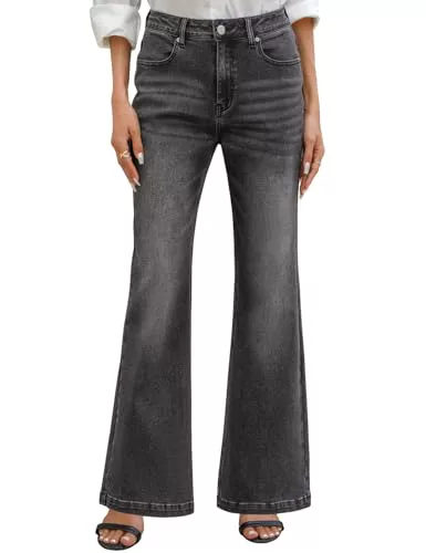 heekpek Vaqueros Elasticos Mujer Cintura Alta Pantalones Anchos Pantalon Campana Holgados Jeans Flare con Bolsillos, Negro Claro, M