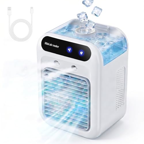 Aire Acondicionado Portatil, Mini USB Ventilador, Enfriador de Aire, Aire Humidificador Portátil Silencioso, 2Velocidades de Ventilador, 2 Modos de Nebulización, Adecuado para Hogar, Oficina