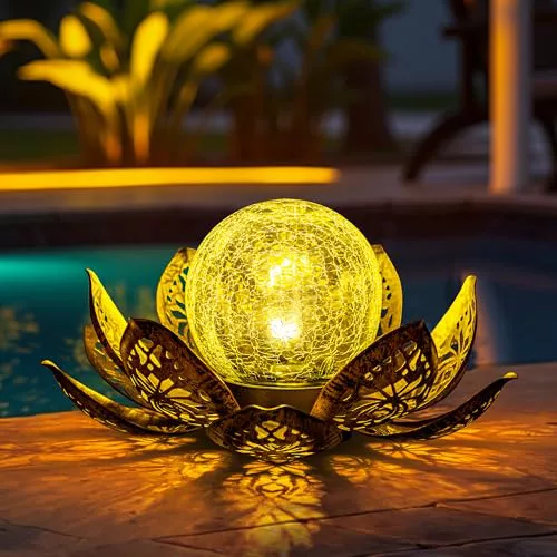 GIGALUMI Luces Solares para Decoración de Jardín al Aire Aibre, Pétalos de Metal Ajustables, Luces de Flor de Loto, Decoración de Mesa al Aire Libre, IP44 impermeable(Dorado)