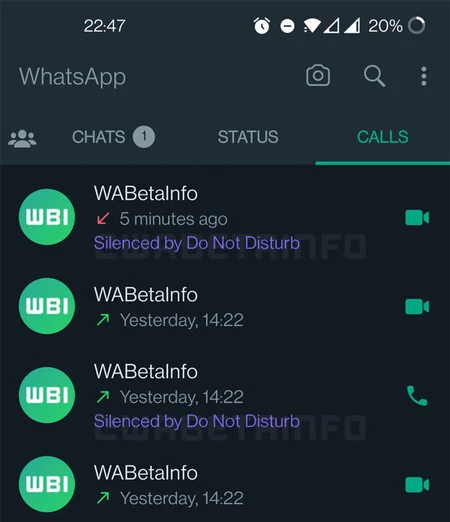 WhatsApp のサイレント モードがアクティブであるために拒否された通話には、通話タブに理由が示されます