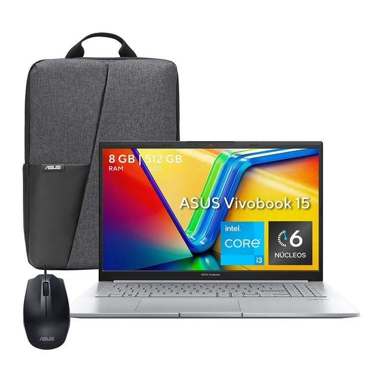 Laptop Asus Vivobook 15. Intel I3, 8GB 512GB Plata + Backpack + Mouse