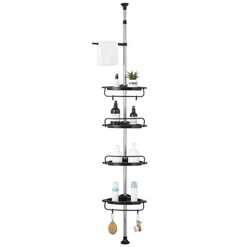 GRICOL Telescópica Estantería Ducha Esquina Estante Ducha sin Taladro Estanteria Baño con 4 Cestas y 1 Toallero 4 Ganchos para Bañera y Baño 95-305CM Negro
