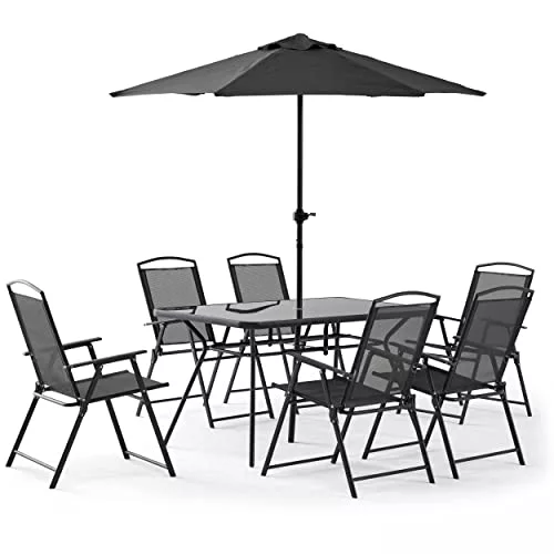 Oviala - Salón de jardín, mesa y 6 sillas plegables con sombrilla central