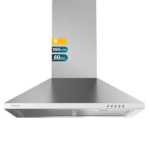Cecotec Campana Extractora Piramidal de 60cm Bolero Flux PM 603500 Inox B. Motor 65W, Acabado Inox, Succión 350m3/h, Control Mecánico, 3 Niveles de Potencia, Luz y Filtro de Carbono