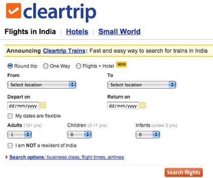 Cleartrip, buscador de vuelos, hoteles y trenes en la India