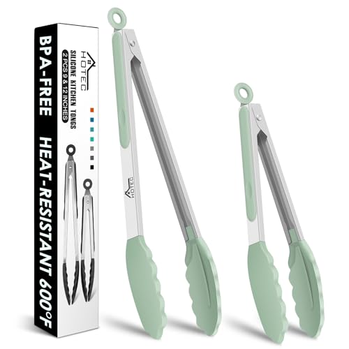 Hotec Pinzas de cocina de acero inoxidable de con puntas de silicona, juego de 2 a 9 pulgadas y 12 pulgadas, verde claro