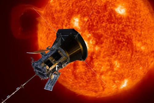 Ilustração mostra uma representação da Parker Solar Probe se aproximando do Sol. Créditos: Nasa/Johns Hopkins APL/Steve Gribben