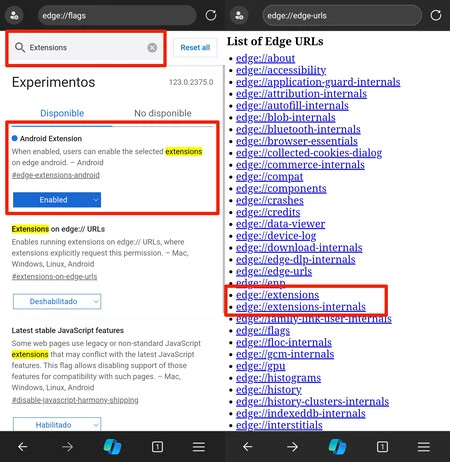 したがって、Edge Canary バージョンの拡張機能の実験的機能をアクティブにすることはできましたが、アクセスはできませんでした。 Edge のアドレス リストには、拡張機能専用の 2 ページがすでに含まれていますが、まだアクティブではありません。