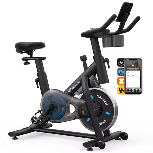 MERACH Bicicleta Estática en Casa, Bicicleta Spinning con Monitor LED Electrónico, Transmisión Silenciosa por Cinturón y Cómodo Cojín de Asiento, Entrenamiento Cardiovascular para el Hogar