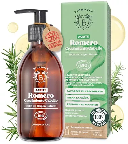 BIONOBLE Aceite de Romero para el Cabello Orgánico - Estimula Crecimiento Pelo, Nutre el Cuero Cabelludo - Aceite Esencial de Romero, Ricino - Rosemary Oil Hair Growth - Botella Vidrio y Bomba - 200ml