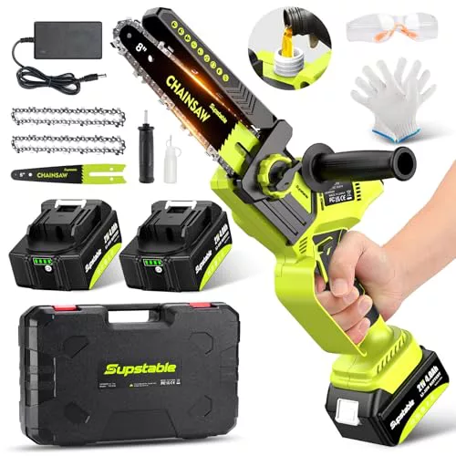 Supstable Mini Motosierra a Batería 8 y 6 Pulgadas, 8000 mAh Sierra Eléctrica Podar Árboles, Lubricación Automática de Cadena, Ajuste sin Herramientas, 900 W Motosierra de Mano para Ramas y Jardinería