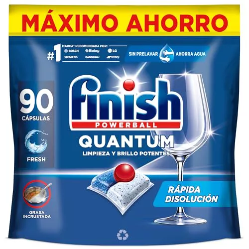 Finish Powerball Quantum All in 1 Pastillas para el lavavajillas todo en 1, limpieza profunda y brillo superior, 90 pastillas