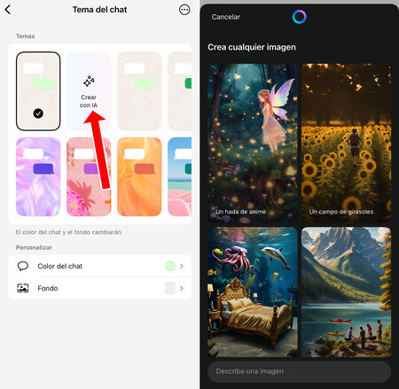 Temas generados con Meta AI. De momento nos han salido solo en la beta de WhatsApp en iOS