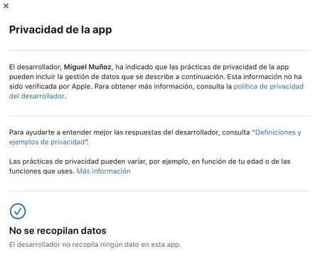 アプリのプライバシーシートには、ユーザーデータがどのように収集されないかが示されています。
