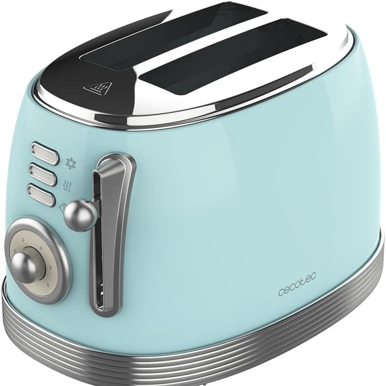Cecotec Tostadora Toast&Taste 800 Vintage Light Blue. 850 W, Doble Ranura Corta Extra anchas de 3,8 cm, 2 Tostadas, Acabados en Acero Inoxidable, Estilo Vintage, 3 Funciones, Azul