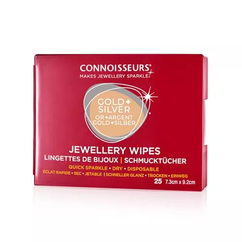Connoisseurs Paño Limpiador de Joyas - Adecuado para Plata y Oro - Escudo Antioxidante para Restaurar el Brillo - 25 Toallitas Secas