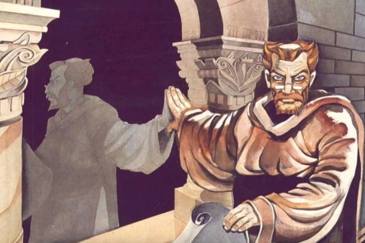 A man with reddish-brown hair and beard dressed in brown and beige robes pressing his palm against a ghostly translucent figure within an ornate stone archway.
