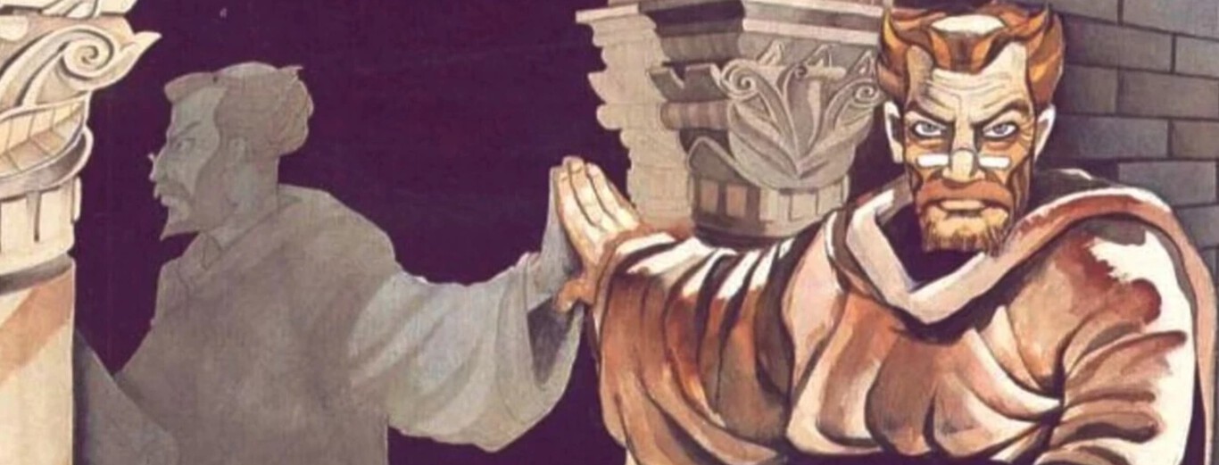 Two figures resembling monks or religious men standing between two ornate stone columns with carved details. The figure on the right is solid and looking forward, the left is a ghostly silhouette.