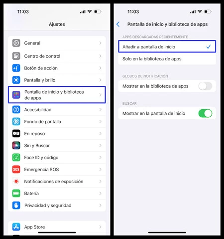 Capturas de pantalla mostrando los pasos a seguir para mostrar las aplicaciones descargadas recientemente en la pantalla de inicio del iPhone