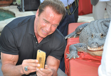 Arnold Schwerzenegger haciéndose un selfie con un cocodrilo