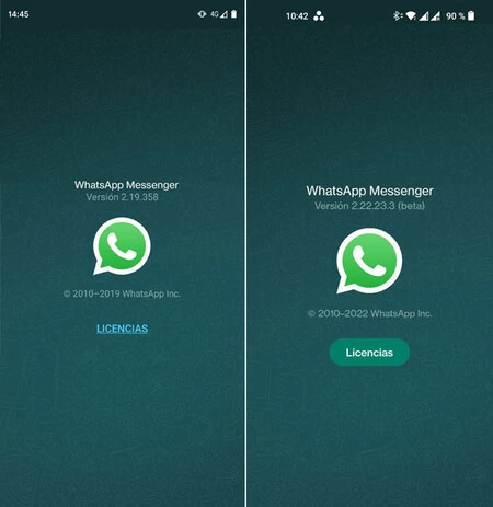 WhatsApp のバージョン情報ウィンドウの変更前 (左) と変更後 (右)