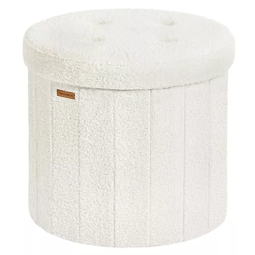 SONGMICS Mazie Colección - Banco Redondo, Taburete Reposapiés Plegable con Tapa Extraíble, Montaje Fácil, Puff de Peluche para Dormitorio, Sala de Estar, Entrada, Blanco Crema LSF606W01