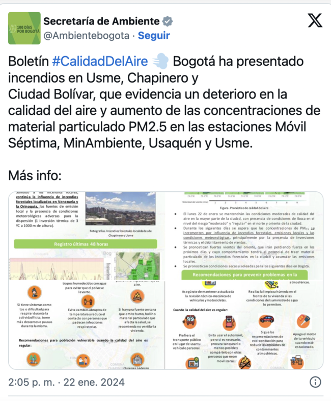 Incendios forestales en Bogotá: se deteriora la calidad del aire en la ...