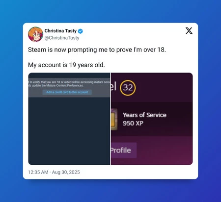 Steam ahora me solicita que demuestre que tengo más de 18 años. Mi cuenta tiene 19 años. Steam ahora me solicita que demuestre que tengo más de 18 años. Mi cuenta tiene 19 años.