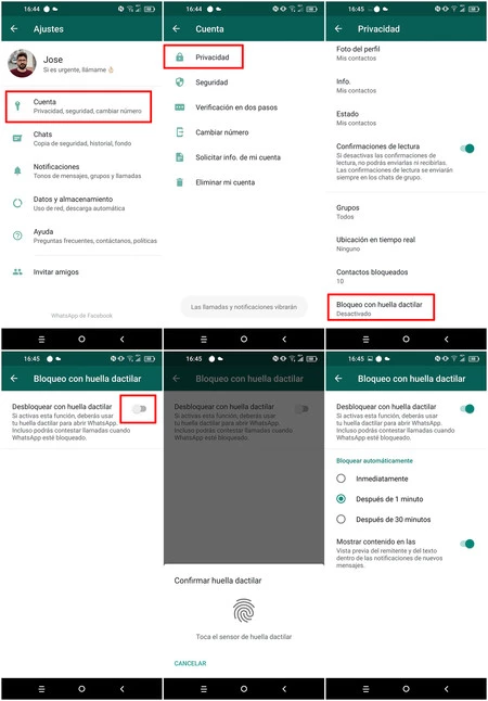 指紋で WhatsApp をブロックする手順。スクリーンショットはベータ版のものですが、手順はまったく同じです。