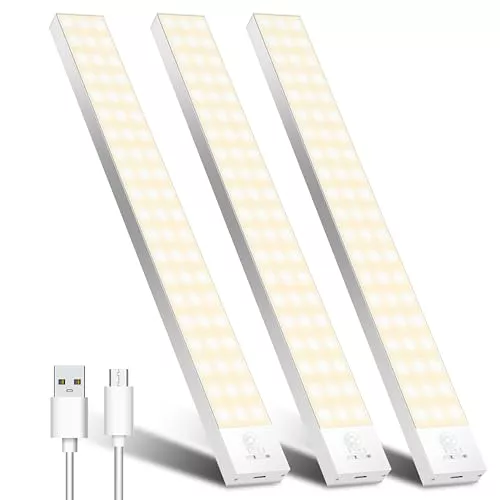 OUILA Luz LED Armario con Sensor Movimiento 3000K 60 LEDs 4 Modos Luz LED Adhesiva Magnética 1500mAh USB Recargable Luz Nocturna para Cocina, Armario, Escaleras, Pasillo, Garaje-3 Packs