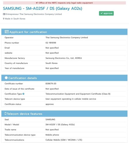 Samsung Galaxy A02s Nbtc