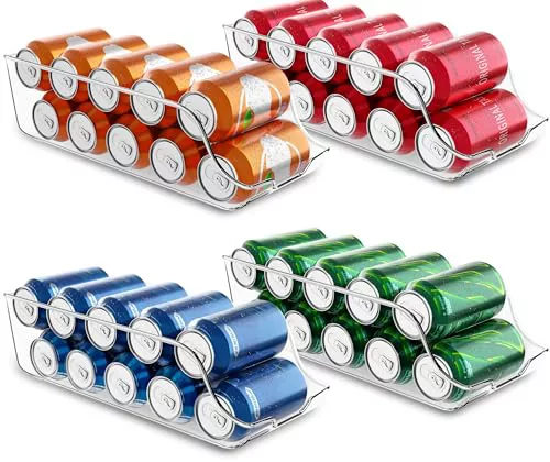KICHLY Organizador Nevera latas (Pack de 4) - Apilable y Ahorra Espacio - Dispensador de Latas de Refresco para Despensa, Nevera, Congelador & Lavadero (Claro)